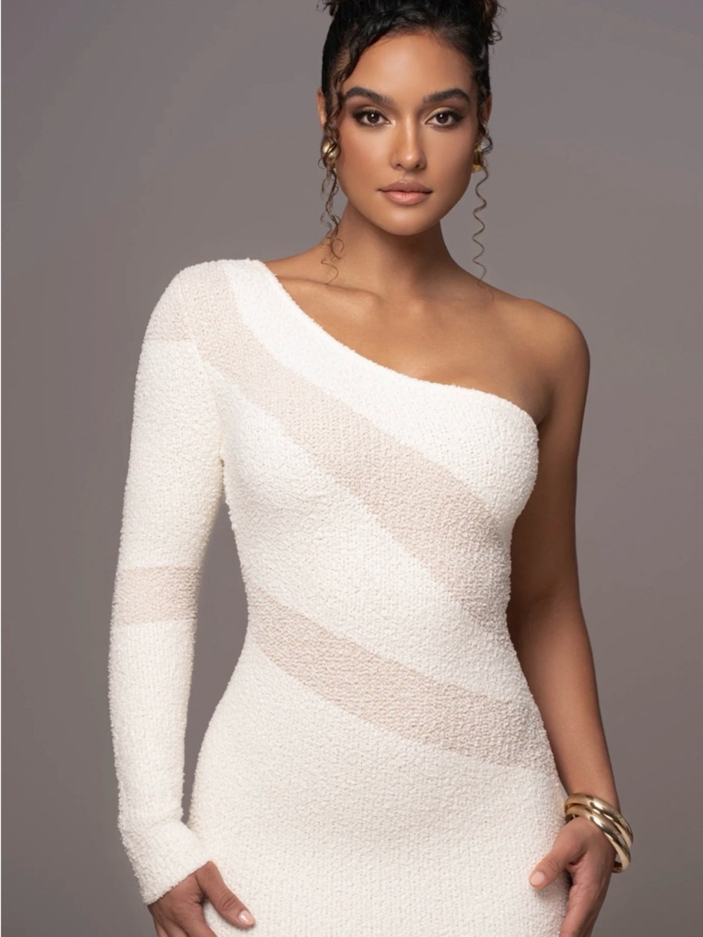 JLUXLABEL One-Shoulder Cream Dress with Blush Stripe - Picture 3 of 11